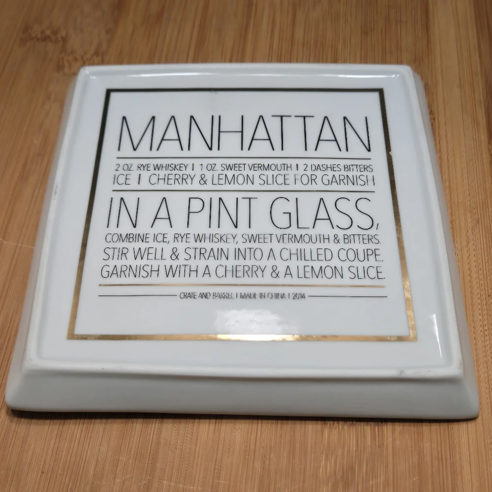 Crate & Barrel Manhattan Recipe Plate Trinket Dish Appetizer, recipe on back